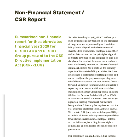 Photo: GESCO: Cover of Non-financial statement/CSR report 2020