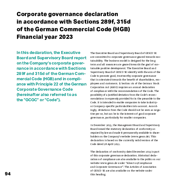 Photo: GESCO: Cover of Declaration on corporate governance 2023