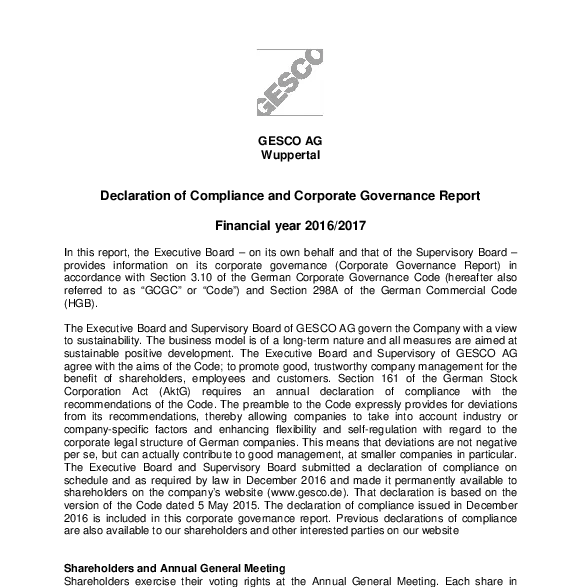 Photo: GESCO: Cover of Declaration of corporate governance 2016/2017