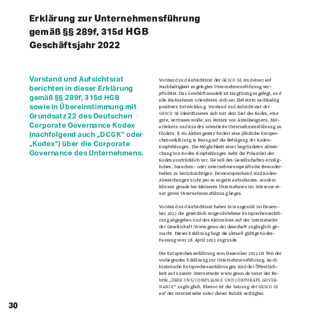 Foto: GESCO: Foto von Cover Erklärung von Unternehmensführung 2022