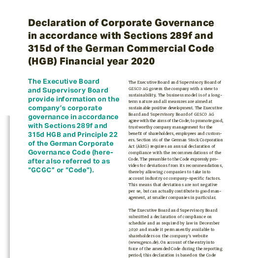 Photo: GESCO: Cover of Declaration of corporate governance 2020